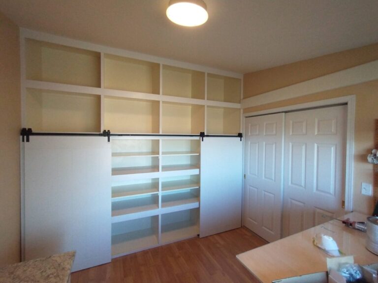 Custom barn doors for craft room shelving unit