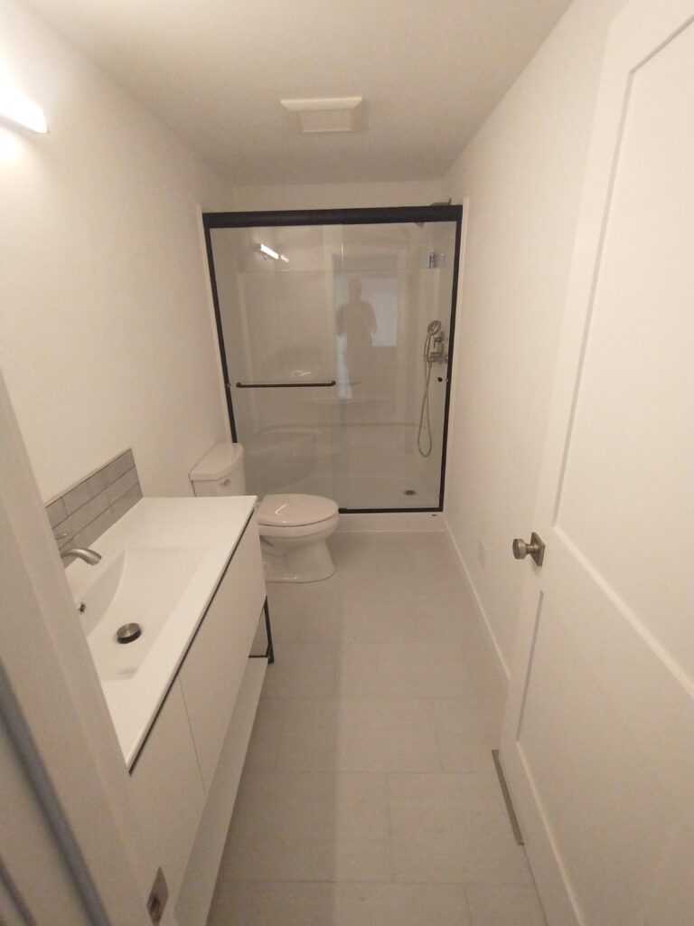 Bathroom remodel with grey tile